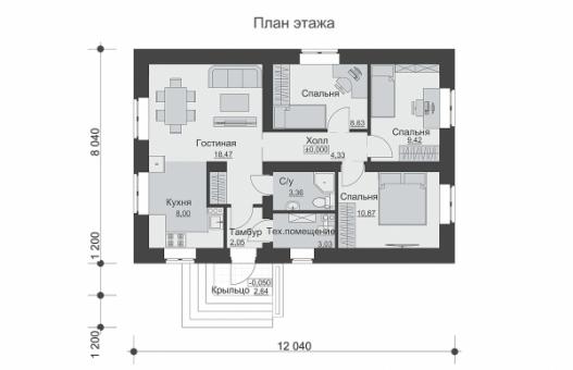 Одноэтажный дом с тремя спальнями и облицовкой кирпичом